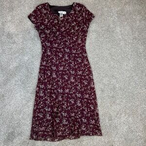 Vintage Jody of California Floral Midi Dress Burgundy 90s Short Sleeve Size 7/8